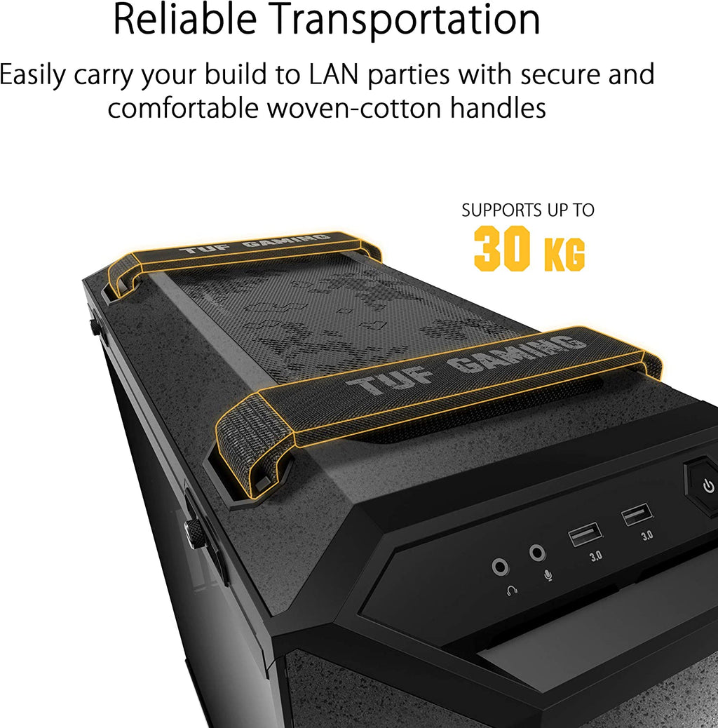 TUF Gaming GT501 Mid-Tower Gaming Case, EATX Support, Pre-Installed 4 Case Fans, USB 3.0 Front Panel, Smoked Tempered Glass, Steel Construction, 2 Year Warranty
