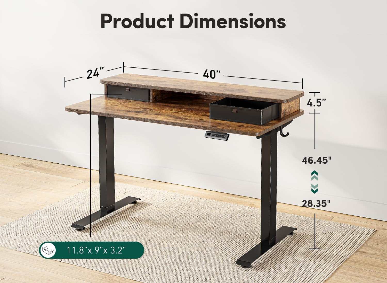 40 X 24 Inch Height Adjustable Electric Standing Desk with Double Drawer, Computer Desk, Home Office Stand up Table with 4 Height-Adjustable Feets & 2 Hooks, Rustic Brown