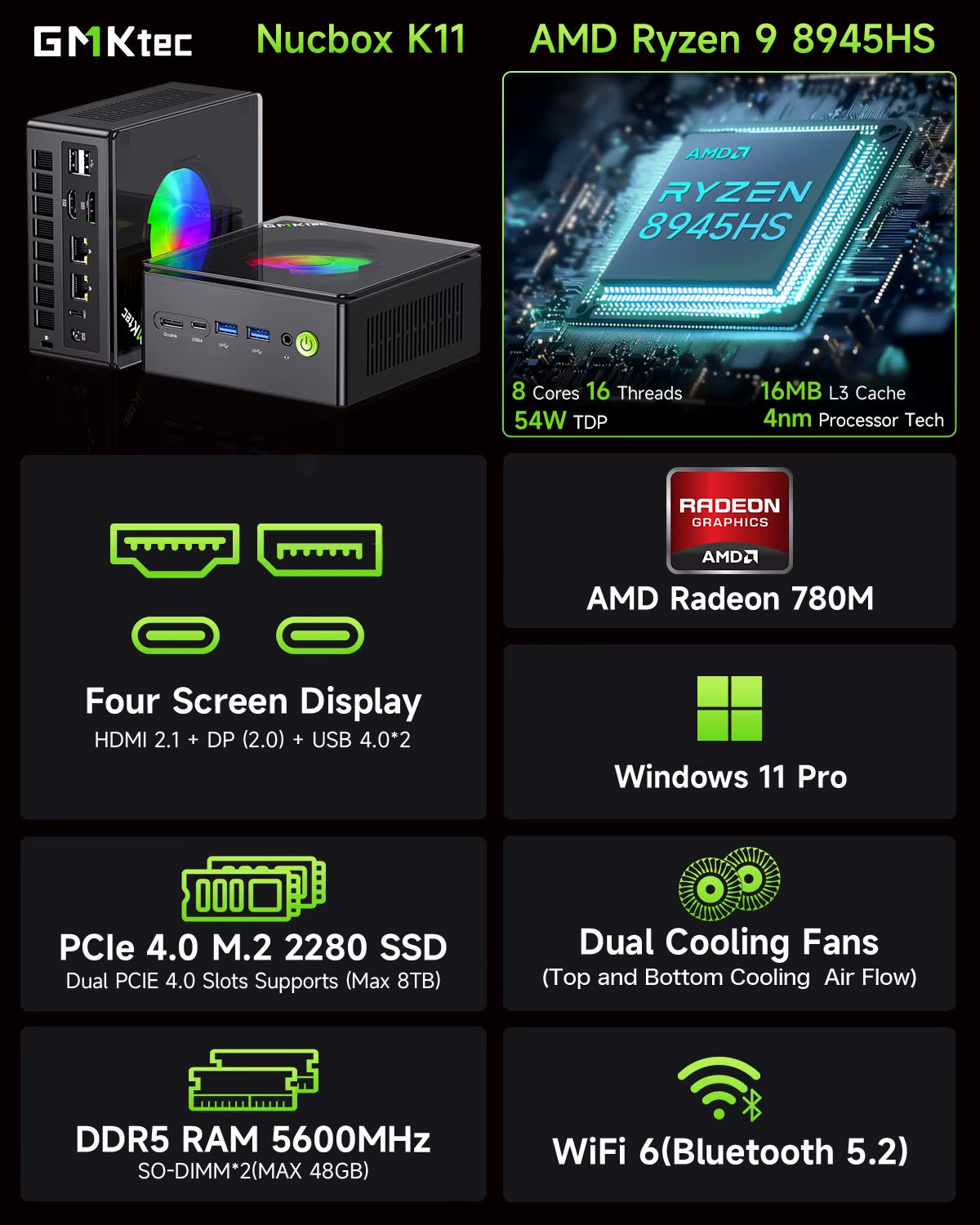Gmktec Mini PC K11  R9 8945HS Gaming Mini PC 32GB DDR5 1TB SSD Computer PC Mini Computer PC Win11 Pro Gaming PC
