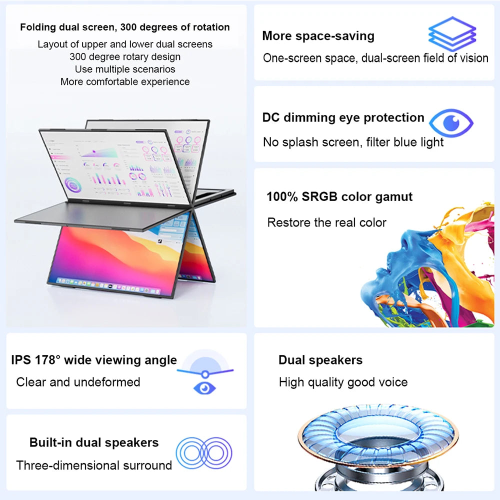 Dual-Screen Portable Monitor 14.1-Inch 15.6-Inch Portable Monitor for Laptop Screen Expander Dual Monitor Dual Monitor Foldable